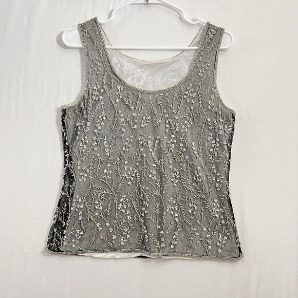 Y2k 90s Vintage Tank Black Mesh Beades Sequin Sheer Sz S/M - Picture 1 of 7